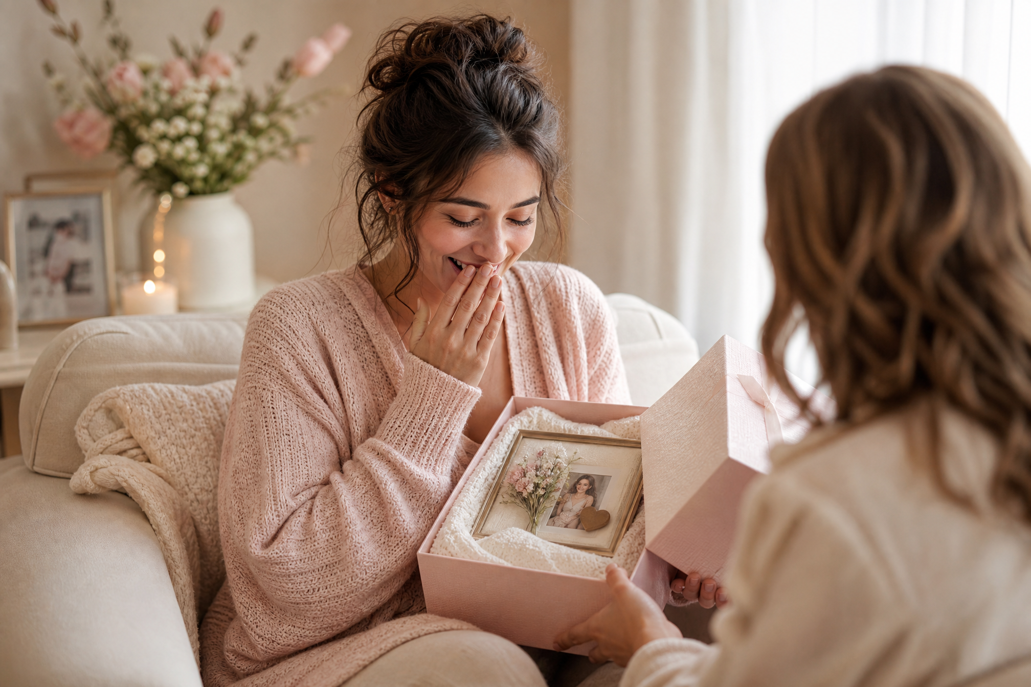 A tender moment opening a personalised keepsake gift