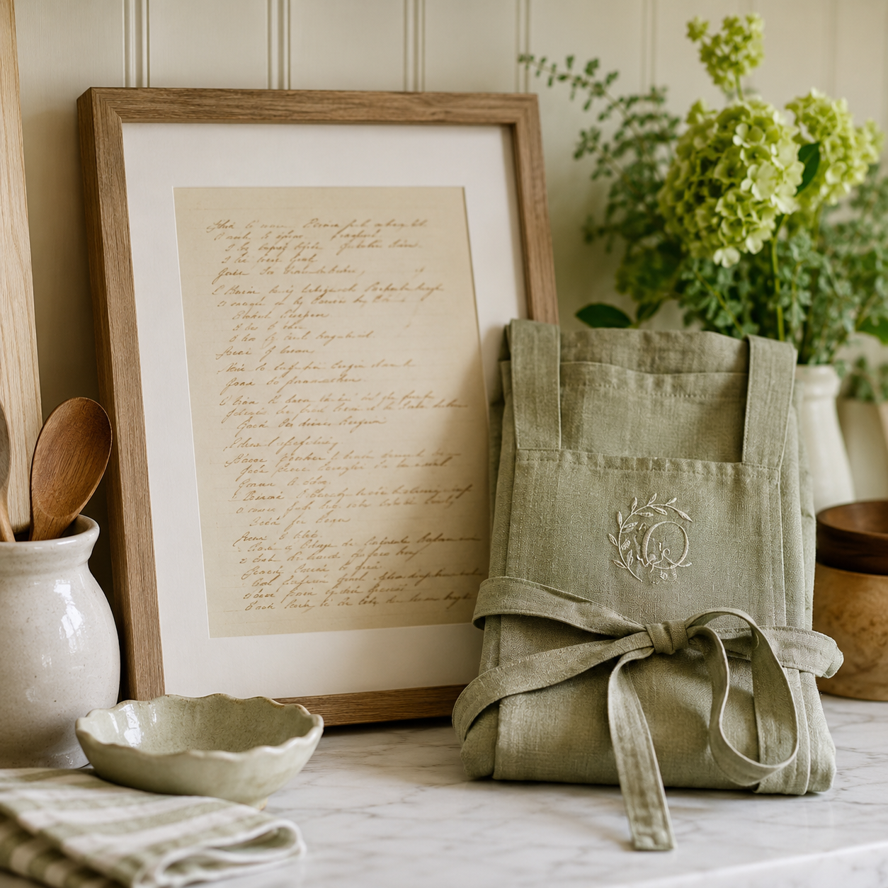 Custom Recipe Keepsake — A handwritten recipe turned into a framed print, plus a custom monogram linen apron.