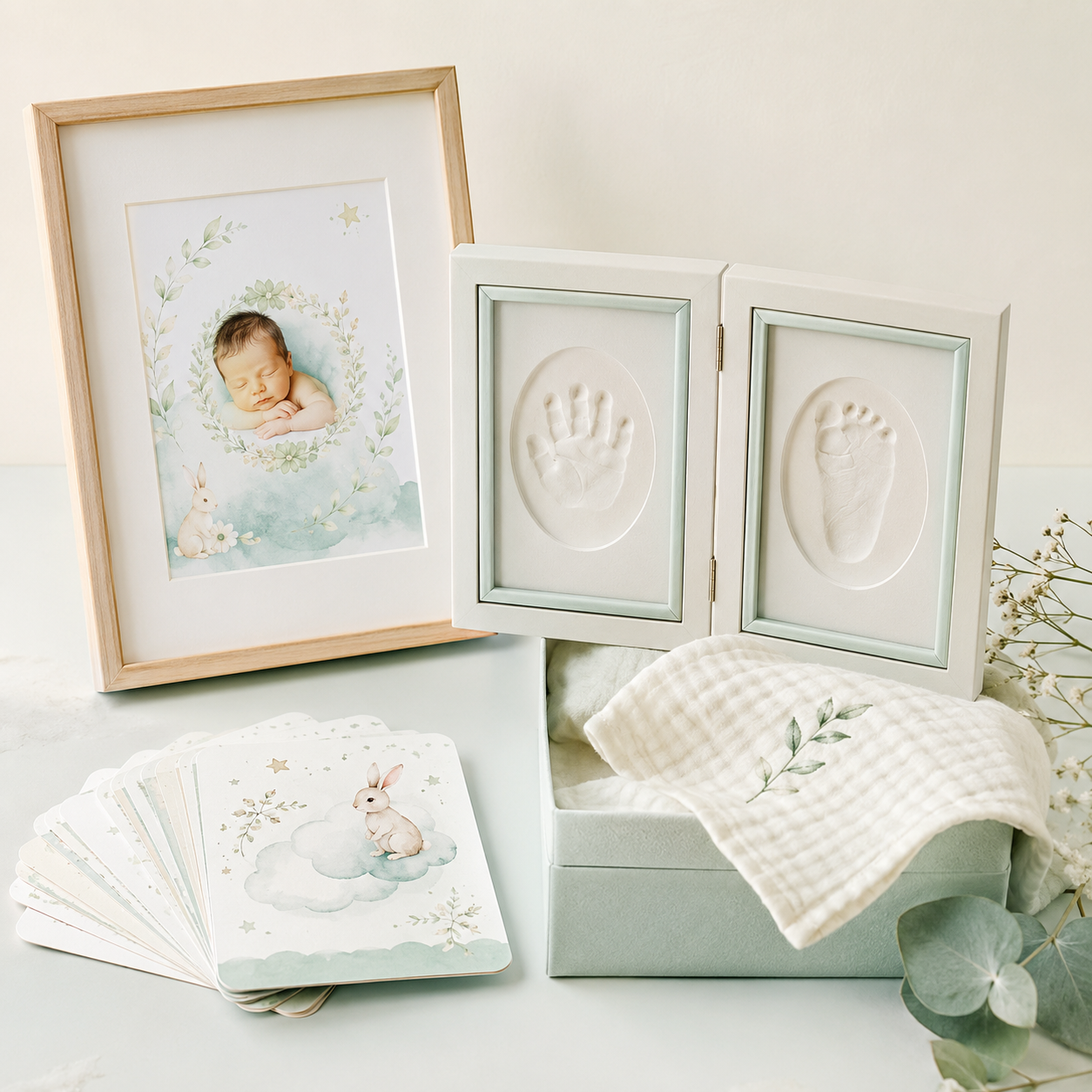 New Baby Memory Set — A baby-name print, a clean inkless hand-and-foot print frame and a cotton milestone card set.