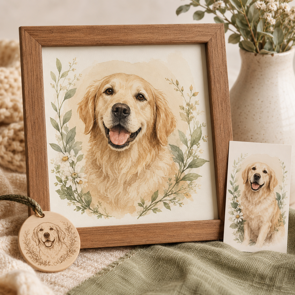 Pet Portrait Keepsake — An illustrated portrait of a beloved pet, a decorative engraved memory tag and a mini print.